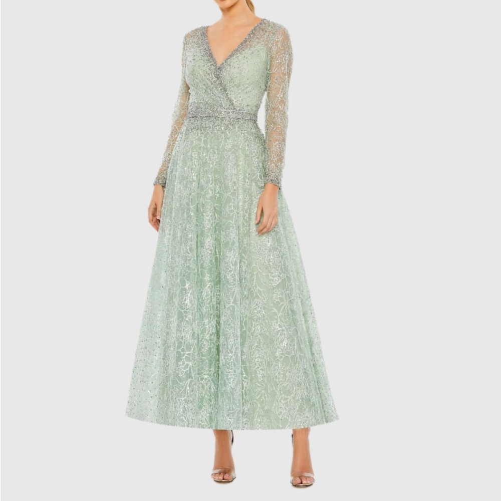 MAC DUGGAL 20366 Embellished Wrap Over Long Sleeve Midi Dress Size 6 NWT